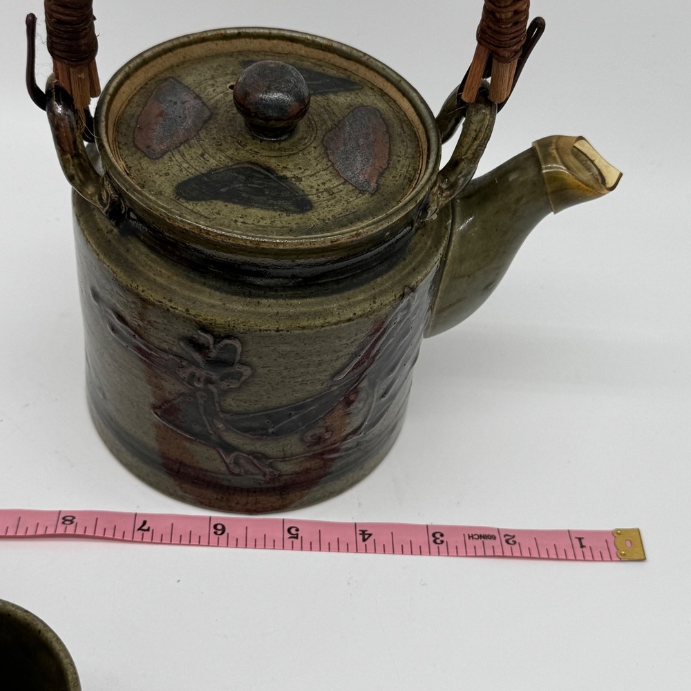 Vintage Japanese Studio Pottery Teapot 3 Cup Set Wabi Sabi Reed Cane Handle - Picture 11 of 12